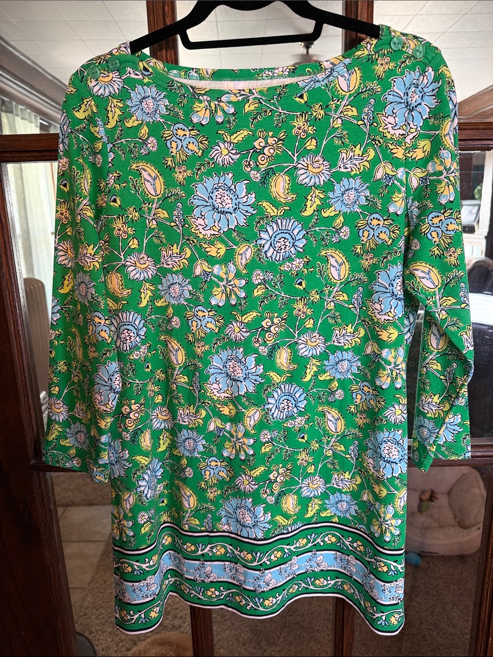 Kim Rogers Womens Green Floral Paisley Cotton 3/4 Sleeve Tunic Top Size M